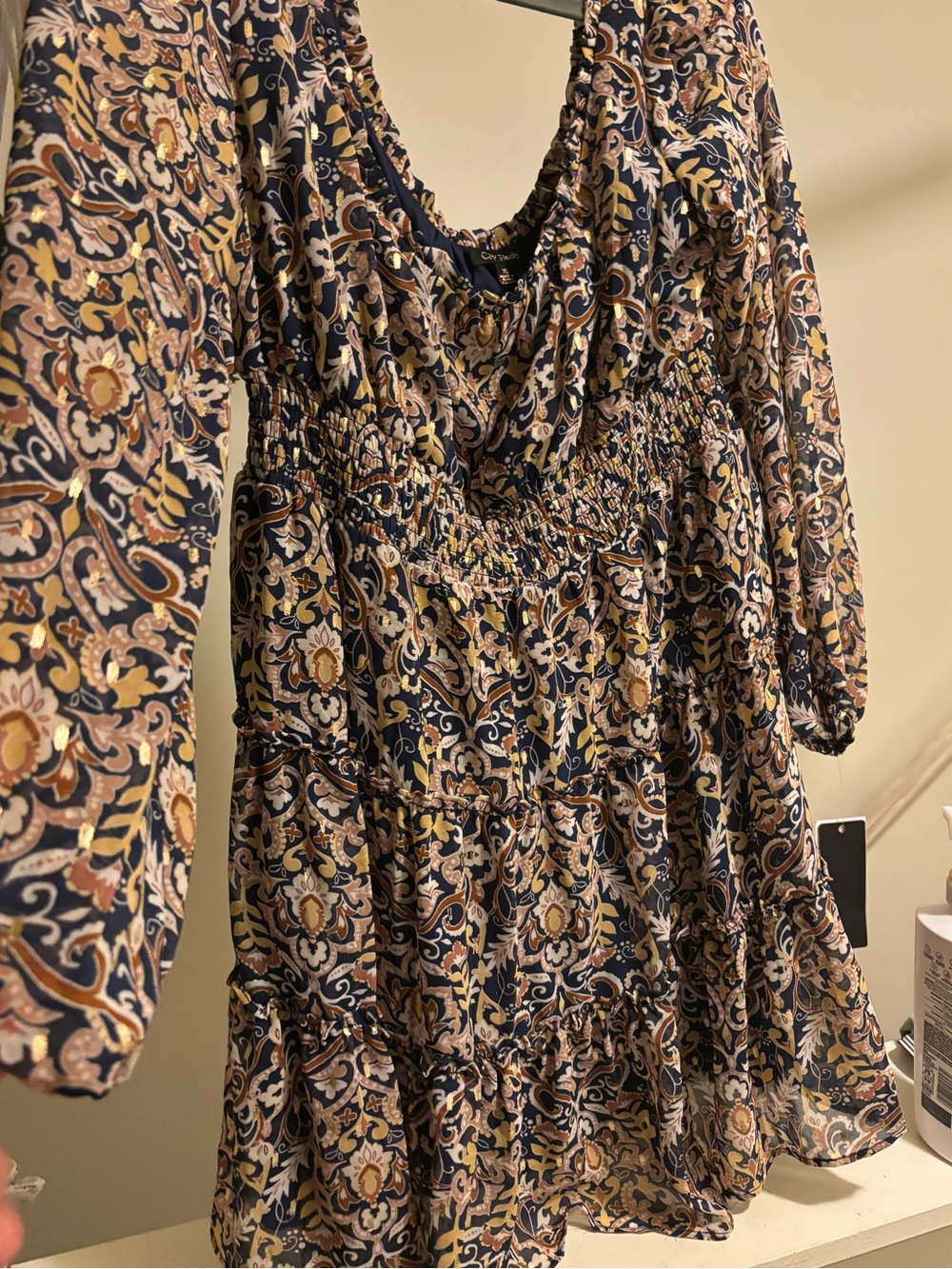 City Studio Navy Floral Paisley Smocked Tiered Dress